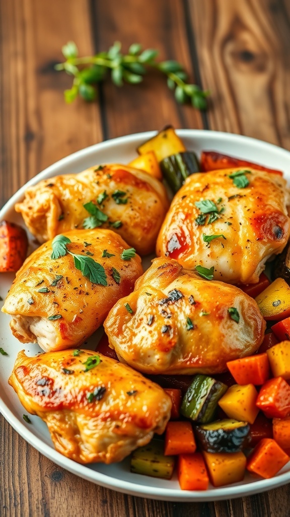Juicy air fryer chicken pieces garnished with herbs on a plate with roasted vegetables.